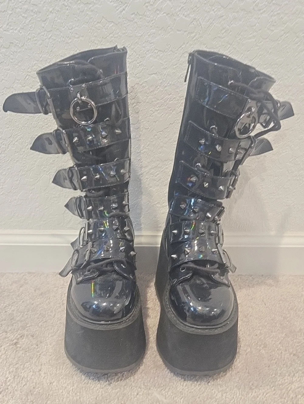 DEMONIA Black Mid-Calf Boots with‎ Hologram Detail Size 6